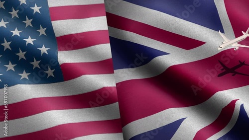 Airplane flight path from Britain to USA and return flight. Connection link between London and New York City. Business travel flight.