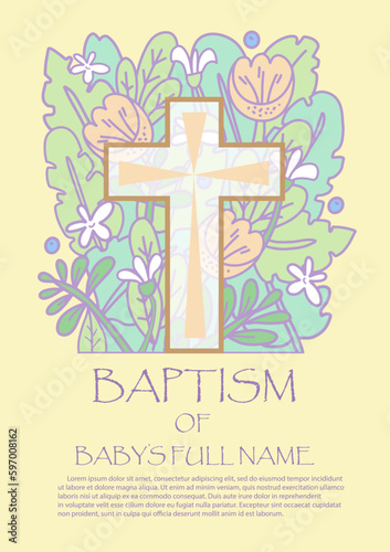 baptism invitation template Design with Cross and flowers in Vector