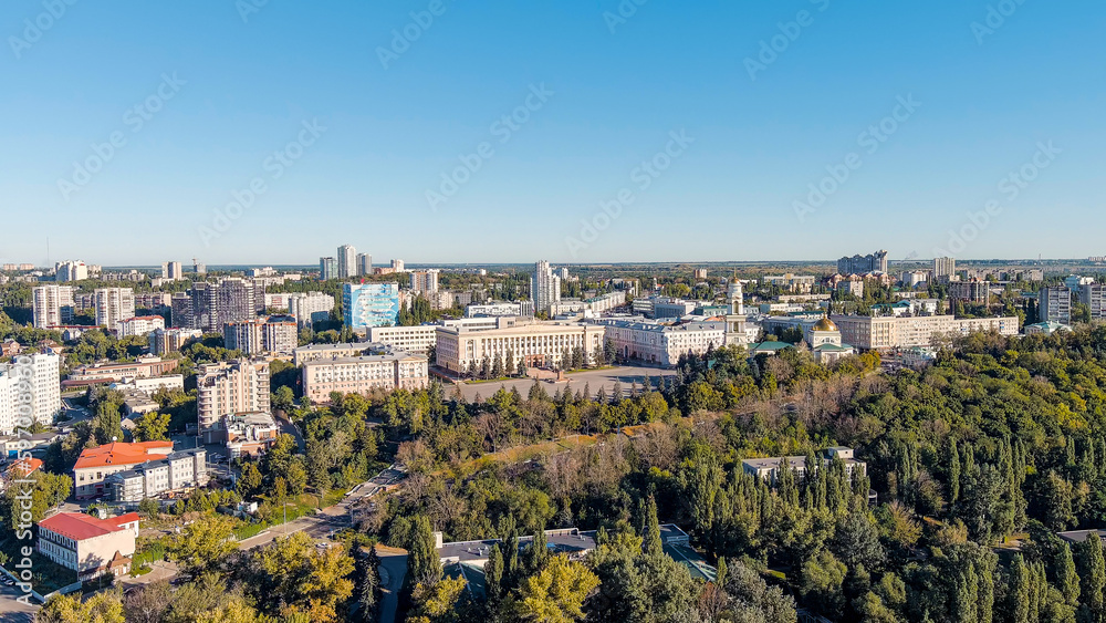 Lipetsk, Russia - September 1, 2022: Government of the Lipetsk region. Lenin-Cathedral Square. history center, Aerial View