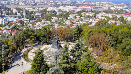 Sevastopol, Crimea. Malakhov Kurgan. Monument to Vice Admiral V.S. Kornilov was built in 1895, Aerial View