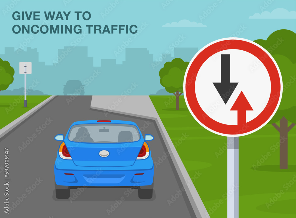 Safe driving tips and traffic regulation rules. Closeup of give way to