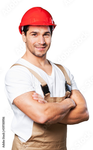 Fotografie Portrait of happy young foreman with hard hat