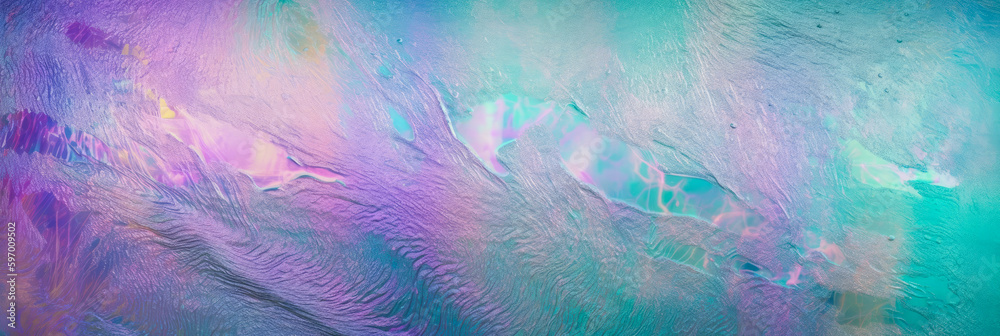  Holographic gradient texture. Abstract background with irregularities and neon rainbow colors. Holo gradient. Hologram shine effect. Panoramic banner. Generative AI