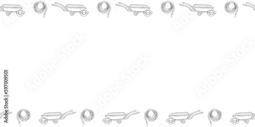 Vector frame from outline garden wheelbarrow, rolled hose for irrigation. Garden tool, work equipment. Horizontal upper and lower edging, border, divider on topic of gardening, farming, agriculture