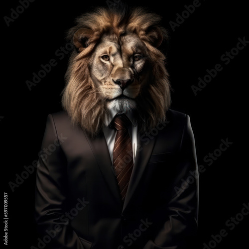 A wild beast dressed for success This lion dons a suit and tie, projecting power, style, and sophistication, with a touch of whimsy and humor. AI Generative.