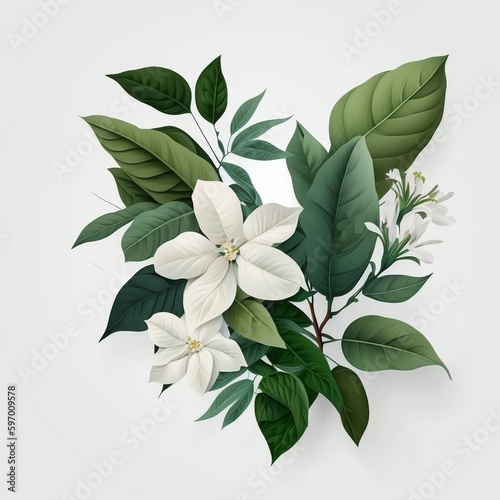 bouquet of flowers and leaves on a white background