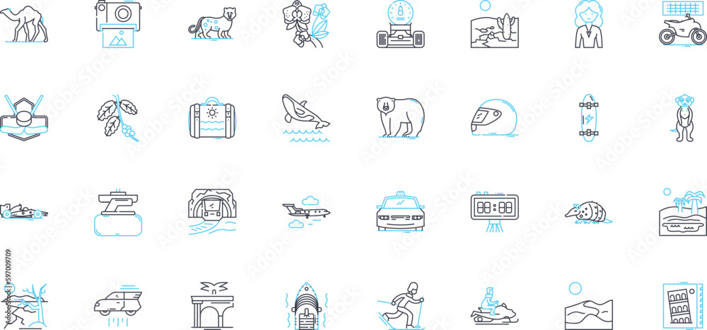 Adventure tourism linear icons set. Expedition, Trekking, Canoeing, Rafting, Mountaineering, Safari, Climbing line vector and concept signs. Exploration,Diving,Biking outline Generative AI Adventure tourism linear icons set. Expedition, Trekking, Canoeing, Rafting, Mountaineering, Safari, Climbing line vector and concept signs. Exploration,Diving,Biking outline Generative AI