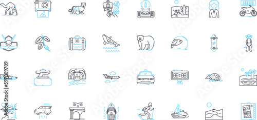 Adventure tourism linear icons set. Expedition, Trekking, Canoeing, Rafting, Mountaineering, Safari, Climbing line vector and concept signs. Exploration,Diving,Biking outline Generative AI