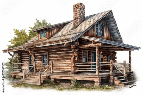 Detailed illustration of a rustic cabin with wood logs on white background. Generative AI © Yvaine