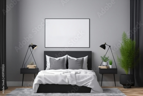 Frame mockup in modern bedroom interior, grey wall. AI Generated.