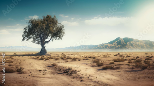 View of a desolate place in the desert with a green tree standing alone. Mountains in the background. Generative AI