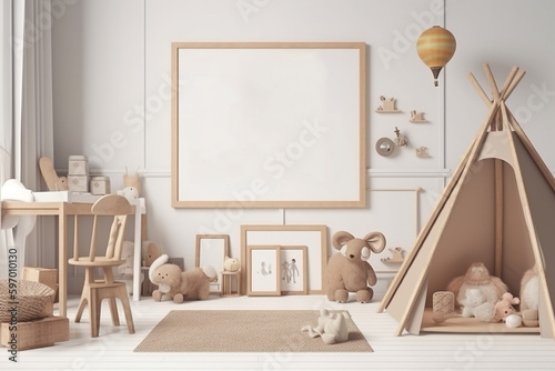 Frame mockup in modern Kids room interior, toys, white wall. AI Generated.