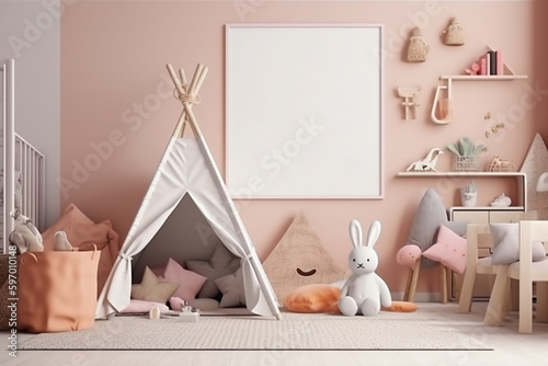 Frame mockup in modern Kids room interior, toys, white wall. AI Generated.