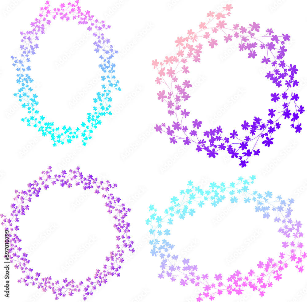 Hand drawn delicate rainbow vector set of flower frames, wreaths of twigs and small flowers with a gradient of blue and pink Hand drawn delicate rainbow vector set of flower frames, wreaths of twigs and small flowers with a gradient of blue and pink