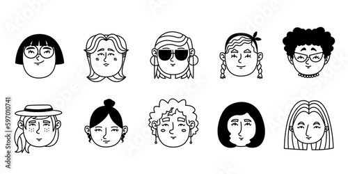 Set of different female portraits. Women heads front view.