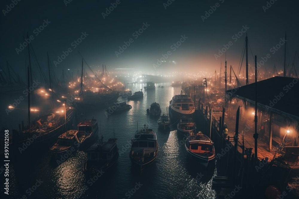 A murky port with numerous boats on the sea, illuminated docks, and mist creeping from the water. Generative AI