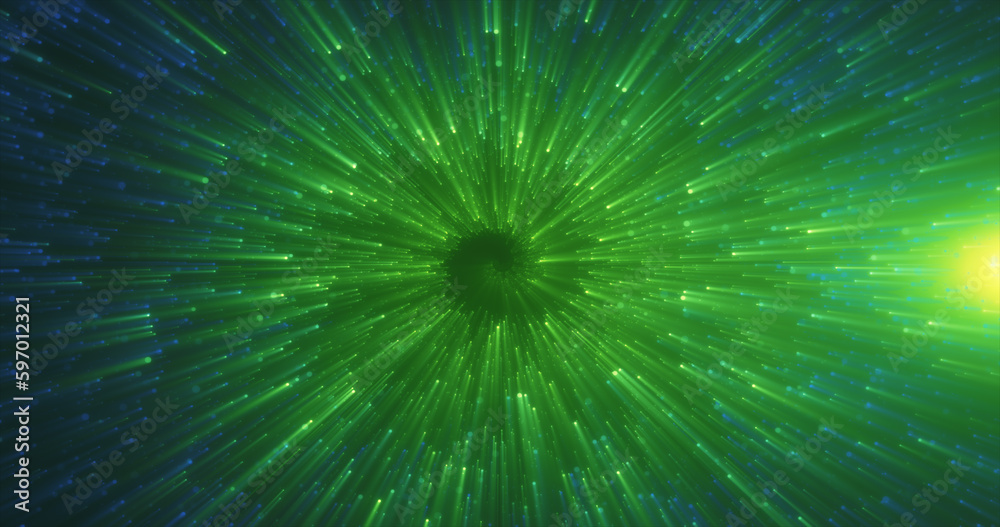 Fototapeta premium Abstract green energy magical glowing spiral swirl tunnel background with particles