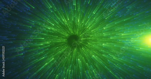 Abstract green energy magical glowing spiral swirl tunnel background with particles