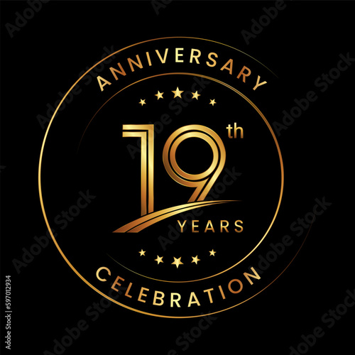 19th Anniversary. Anniversary logo design with gold color ring and text for anniversary celebration events. Logo Vector Template