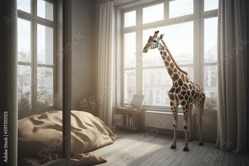 Hilarious giraffe dreaming indoors, using AI. Generative AI