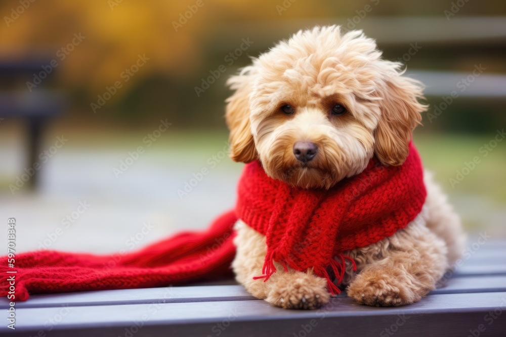 Sitting Dog with a Red Scarf on a Bench in a Winter Day. Generative AI Sitting Dog with a Red Scarf on a Bench in a Winter Day. Generative AI