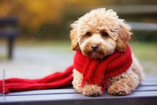 Sitting Dog with a Red Scarf on a Bench in a Winter Day. Generative AI © 2rogan