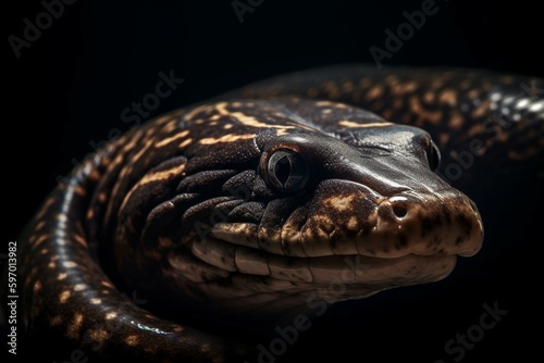 A type of eel called the moray eel with a long body and scaleless skin. Generative AI photo