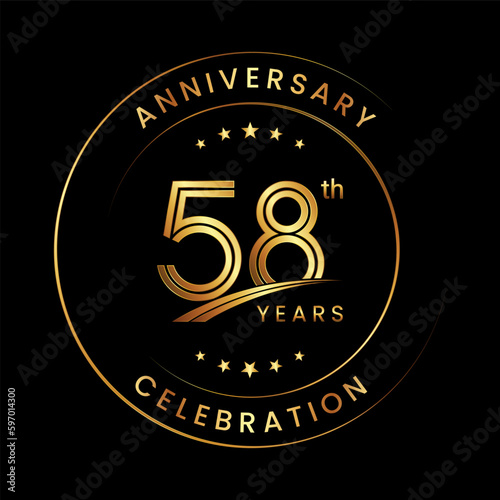 58th Anniversary. Anniversary logo design with gold color ring and text for anniversary celebration events. Logo Vector Template