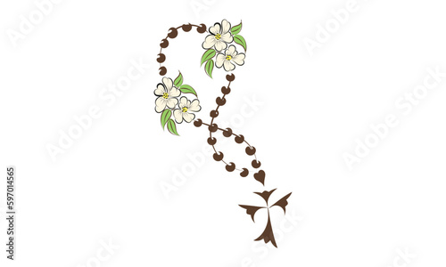 Christian Rosary beads. Prayer Catholic chaplet with the Holy Cross. Use as poster, card, flyer, T Shirt design or Tattoo