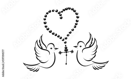 Christian Rosary beads. Prayer Catholic chaplet with the Holy Cross. Use as poster, card, flyer, T Shirt design or Tattoo