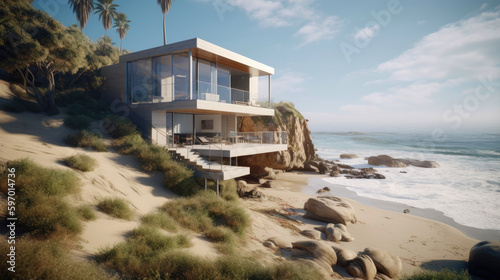 Minimalistic contemporary modern beach house. Generative AI © piai