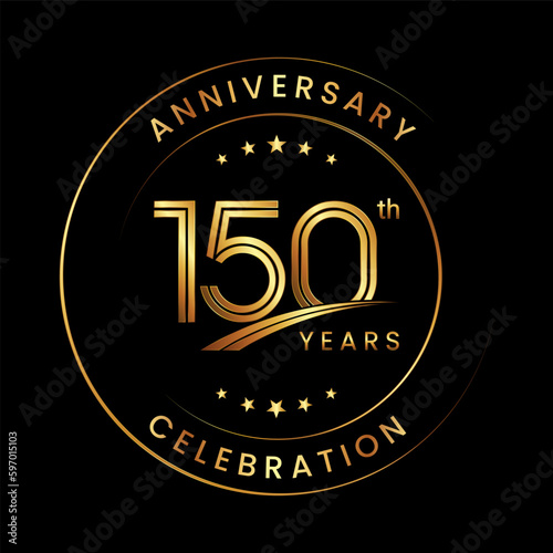 150th Anniversary. Anniversary logo design with gold color ring and text for anniversary celebration events. Logo Vector Template