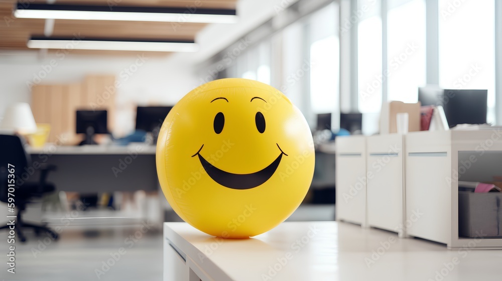 Positivity in the workplace demonstrated by a yellow smiling ball in the office interior, promoting a positive work environment and inspiring corporate culture. Generative AI - obrazy, fototapety, plakaty 