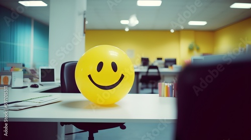 Positivity in the workplace demonstrated by a yellow smiling ball in the office interior, promoting a positive work environment and inspiring corporate culture. Generative AI photo