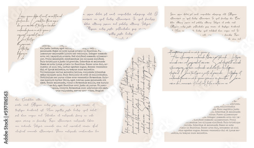 Vector torn pieces of old paper with handwpitten and typewriter text. Eight elements with tear paper effect. Sizable, editable vector.
