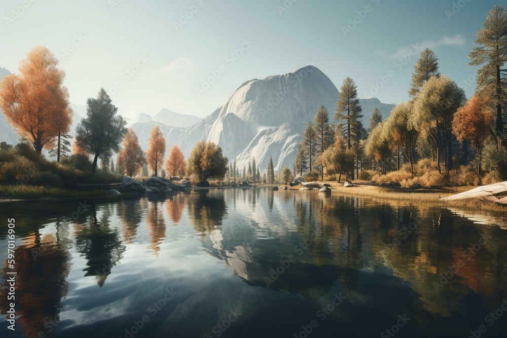 AI created a panoramic view showcasing Yosemite's stunning landscape of hills, lake, forests, snow, and reflections. Generative AI