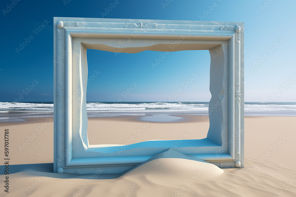 Empty picture frame on the beach. 3D render. Conceptual image.   Generative AI