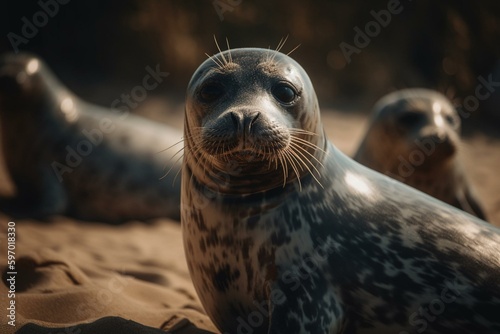 Seals lounging on sandy shore. Generative AI © Eudoxia
