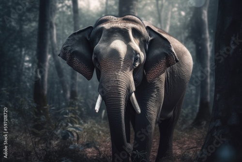 Vibrant portrait of a beautiful elephant surrounded by colorful florals in nature, Generative AI