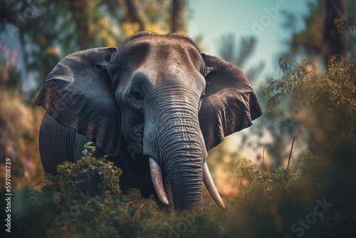 Vibrant portrait of a beautiful elephant surrounded by colorful florals in nature, Generative AI