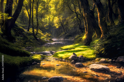 Summer in the forest with a calm river stream. Generative AI. © Aaron Lee