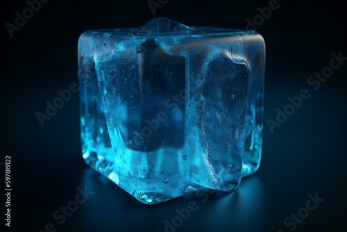3D rendered blue ice cube of water. Generative AI