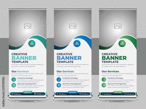 Roll up banner design with hexagon shapes artwork hexagon patterns and image, Editable vertical template vector set