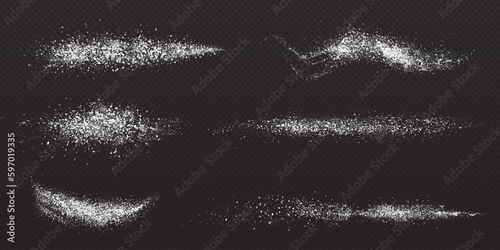 Sugar and salt powder, snow dust, white flour splashes. Texture of splatter of sand, salt crystal or sugar granules isolated on transparent background, vector realistic illustration