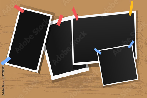 vector set off Polaroid photo frames fixed with adhesive tape on a transparent background. Photo frame on sticky tape, isolated.