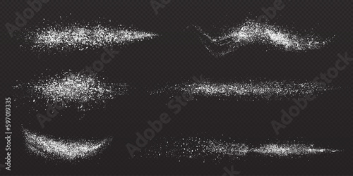 Sugar and salt powder, snow dust, white flour splashes. Texture of splatter of sand, salt crystal or sugar granules isolated on transparent background, vector realistic illustration photo