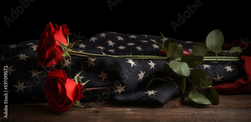 American flag with colorful flowers on a wooden table in the background, Memorial Day of USA