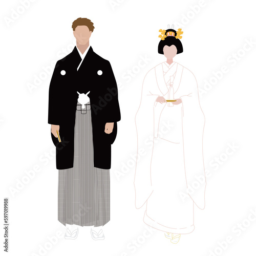 和装の新郎新婦　花嫁花婿　日本髪　高島田　白無垢　被り物なし　のイラスト