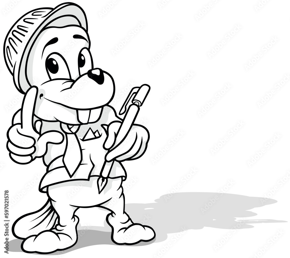 Fototapeta premium Drawing of a Standing Beaver with a Protective Helmet on his Head