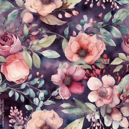 Floral watercolor seamless tile pattern to use as background. Flower pattern. Generative AI